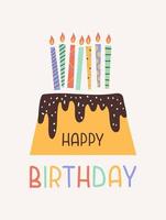 carte d'anniversaire mignonne moderne avec gâteau et bougies isolés sur fond pastel. illustration de dessin animé de vecteur simple