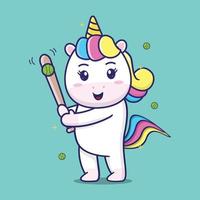 Licorne mignonne jouant au baseball, adaptée aux livres pour enfants, aux cartes d'anniversaire, à la Saint-Valentin, aux autocollants, aux couvertures de livres, aux cartes de vœux, à l'impression. vecteur