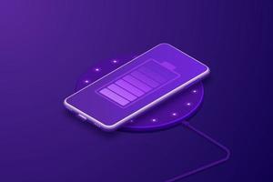smartphone sur un dispositif de chargement sans fil sur fond violet. vecteur