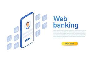 illustration vectorielle isométrique d'une banque mobile. services financiers numériques et achats en ligne. banque en ligne par téléphone. vecteur