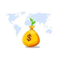 sac en dollars avec plante poussant sur fond de carte du monde. concept d'investissement en pleine croissance. vecteur