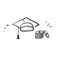 chapeau de graduation doodle dessiné à la main et illustration de l'argent pour les frais de scolarité vecteur