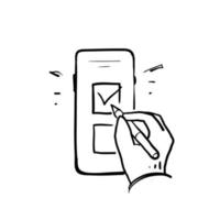 main dessinée main tenant un stylo sur le symbole du smartphone pour le vote en ligne ou le vecteur d'illustration d'enquête en ligne