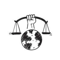 doodle dessiné à la main main tenant le symbole d'illustration de l'échelle de poids pour l'icône de la journée sociale de la justice isolée vecteur