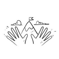 montagne de doodle dessiné à la main avec le drapeau sur le vecteur d'illustration de main de paume