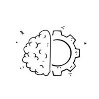 cerveau de doodle dessiné à la main et vecteur d'illustration de rouage d'engrenage isolé