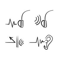 oreille et casque doodle dessinés à la main avec icône isolée de vecteur d'illustration de bloc d'onde sonore