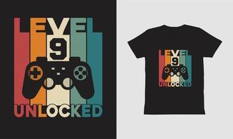 conception de t-shirt de jeu déverrouillé de niveau 9. vecteur