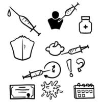 ensemble simple dessiné à la main d'icônes de lignes vectorielles liées au vaccin dans un vecteur de style doodle isolé