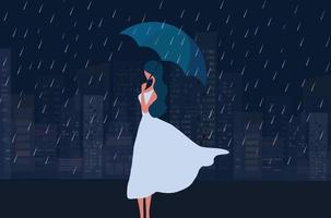 femme tenant un parapluie dans la nuit sombre et pluvieuse. il pleut, automne, solitude, fond de concept de dépression vecteur