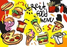 ensemble de dessinés à la main isolé sur fond blanc et couleur, doodle de menu de nourriture de rue. illustration vectorielle colorée, burger, frites, hot-dog, pizza, soda, glace, nouilles, shawarma, beignet vecteur