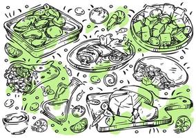 nourriture d'illustration vectorielle de ligne dessinée à la main. doodle cuisine grecque sur tableau blanc, olives et huile d'olive, moussaka, viande grillée, gyros, souvlaki, houmous, fromage, salade grecque, sauce vecteur