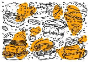 illustrations vectorielles ligne dessinée à la main nourriture avec graphique de burger sur fond blanc. éléments vintage, ingrédients, sauce vecteur