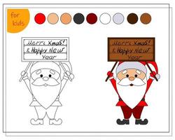 livre de coloriage pour enfants, dessin animé santa avec un signe. vecteur