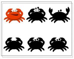 jeu de puzzle pour les enfants trouver la bonne ombre. choisissez une teinte pour les créatures marines, crabe de dessin animé vecteur