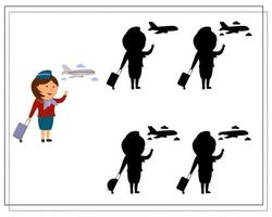 un jeu de logique pour les enfants trouver la bonne ombre, une hôtesse de l'air et un avion vecteur