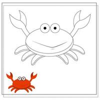 page du livre de coloriage, crabe. croquis et version couleur. livre de coloriage pour les enfants. vecteur