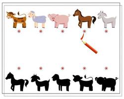 un jeu de logique pour que les enfants trouvent la bonne ombre. trouver de l'ombre pour les adorables animaux de la ferme vecteur