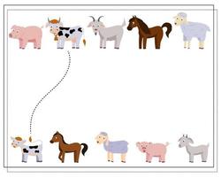 un jeu de logique pour les enfants. un jeu de puzzle amusant avec de jolies mères animaux et leurs petits. une feuille de travail d'impression pour les enfants. vecteur