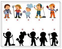 un jeu logique pour les enfants trouve la bonne ombre, des enfants de dessins animés de différentes professions vecteur