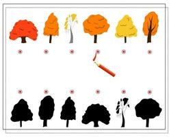 un jeu de logique pour les enfants, trouvez la bonne teinte pour les arbres d'automne vecteur