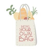 paquet d'achat textile plein de nourriture des agriculteurs. produits dans un sac en toile écologique avec illustration typographique dessinée à la main. achats respectueux de l'écologie. achats d'épicerie dans un sac à main textile vecteur