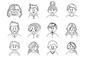 les gens doodle jeu d'avatar. diversité des hommes et des femmes âgés et jeunes. personnes avec des coiffures différentes. illustration vectorielle dans un style de croquis plat. jeu d'icônes de portraits. vecteur