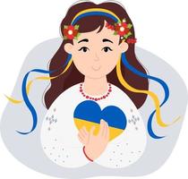 fille ukrainienne en vêtements traditionnels et avec une couronne de fleurs avec des rubans. dans les mains du coeur jaune-bleu. couleur du drapeau ukrainien. illustration vectorielle vecteur