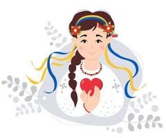 jolie fille ukrainienne avec une longue tresse, dans des vêtements brodés traditionnels et une couronne de fleurs avec des rubans jaunes et bleus. couleur du drapeau ukrainien. dans les mains du coeur rouge. illustration vectorielle