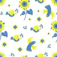 modèle sans couture ukrainien. oiseaux jaune-bleu et tournesol sur fond blanc avec fleurs et colombe de paix avec branche dans son bec. illustration vectorielle aux couleurs du drapeau ukrainien pour la décoration, le design vecteur