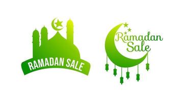 badge publicitaire thème ramadan sur fond vert. ornement étoile de lune vecteur