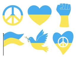 un ensemble de symboles aux couleurs du drapeau ukrainien. un symbole de paix, une main solidaire, un drapeau, un cœur et une colombe. illustration couleur dans un style plat, isolé sur fond blanc vecteur