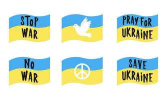 un ensemble de drapeau ukrainien aux couleurs bleues et jaunes. avec les mots - arrêtez la guerre, pas de guerre, priez pour l'ukraine, sauvez l'ukraine, colombe et symbole de paix. illustration dans un style plat, isolé sur un blanc. vecteur