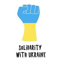 une main humaine levée. un symbole de solidarité, de soutien, de complicité, de consentement, d'unité. une main aux couleurs du drapeau ukrainien. solidarité avec l'ukraine. illustration de couleur plate, isolée sur blanc vecteur