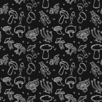 modèle vectorielle continue avec des champignons. vecteur de doodle avec des icônes de champignons sur fond noir. motif champignon vintage, fond d'éléments doux pour votre projet, menu, boutique de café