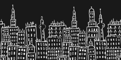 modèle sans couture horizontal noir avec des bâtiments de la ville. fond noir et blanc vecteur