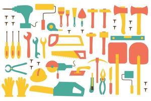 un ensemble d'outils pour la construction et la réparation. éléments d'icônes pour la conception ou le logo. perceuse, brosses, clous, truelle, tournevis, pelle, marteau, hache, scie, etc. illustration plate. vecteur