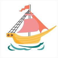 bateau en bois vintage avec des voiles dans l'icône de la mer dessinée à la main dans un style doodle. illustration vectorielle vecteur