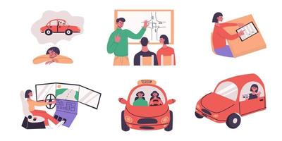 école de conduite avec des concepts de personnes minuscules. étapes de l'éducation, scences d'apprentissage à la leçon, test en ligne, simulation et conduite d'instructeur, obtention du permis de conduire. vecteur