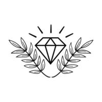 diamant dessiné à la main avec illustration de doodle de feuille pour affiche d'autocollants de tatouage, etc. vecteur