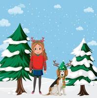 thème de noël avec fille et chien dans la neige vecteur