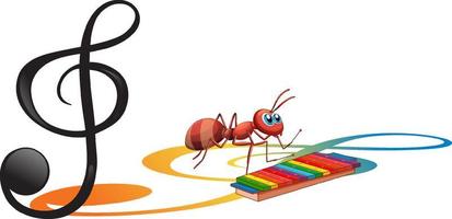 fourmi avec caricature de symbole de mélodie musicale vecteur