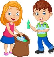 dessin animé enfants rassemblant des bouteilles en plastique dans un sac à ordures vecteur