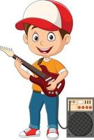 dessin animé petit garçon jouant de la guitare électrique vecteur