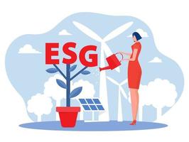 femme arroser les plantes avec esg grand mot ou écologie problème fond vecteur illustrateur