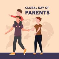 père avec son fils dans le dos et sa mère marchant ensemble. journée mondiale des parents. illustration vectorielle graphique plat coloré.