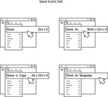 enregistrer le jeu d'icônes isolé sur fond blanc. icône symbole linéaire de contour de ligne mince pour le logo, le web, l'application, l'interface utilisateur. simple signe d'icône. vecteur