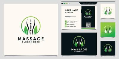logo de thérapie de massage avec style d'art en ligne de cercle et conception de carte de visite vecteur premium