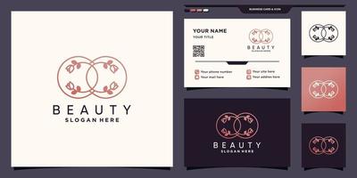 fleur de beauté rose et logo infini avec style d'art en ligne unique et conception de carte de visite vecteur premium