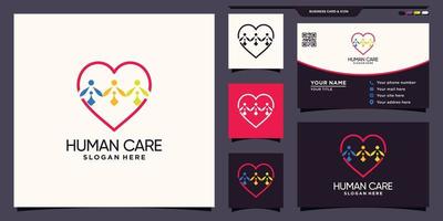 logo et coeur de soins humains avec style d'art en ligne unique et conception de carte de visite vecteur premium